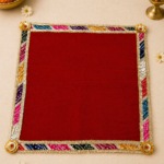 Handcrafted Red Bandhani Patchwork Pooja Aasan with Gold Rosette Corners & Multi-Colour Border
