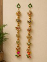 Handcrafted Traditional Gold Door Side Toran (Latkans) with Multi-Tiered Shell Elements & Colourful Ball Accents