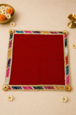 Handcrafted Red Bandhani Patchwork Pooja Aasan with Gold Rosette Corners & Multi-Colour Border