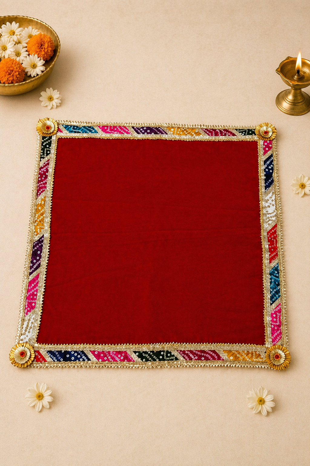 1 Handcrafted Red Bandhani Patchwork Pooja Aasan with Gold Rosette Corners & Multi-Colour Border - Image 1