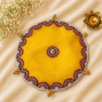 Handcrafted Orange Circular Pooja Thali Cover with Red-Silver Scalloped Lace Border & Floral Rosette Medallion - Image 2