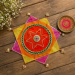Handcrafted Star-Shaped Pooja Thali Cover with Gold Rosette Medallion & Pleated Fan Corner Tassels