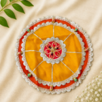 Handcrafted Yellow-Orange Circular Pooja Thaal Cover with Silver Scalloped Floral Lace Border & Gold Centre Medallion