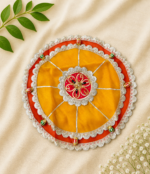 Handcrafted Yellow-Orange Circular Pooja Thaal Cover with Silver Scalloped Floral Lace Border & Gold Centre Medallion