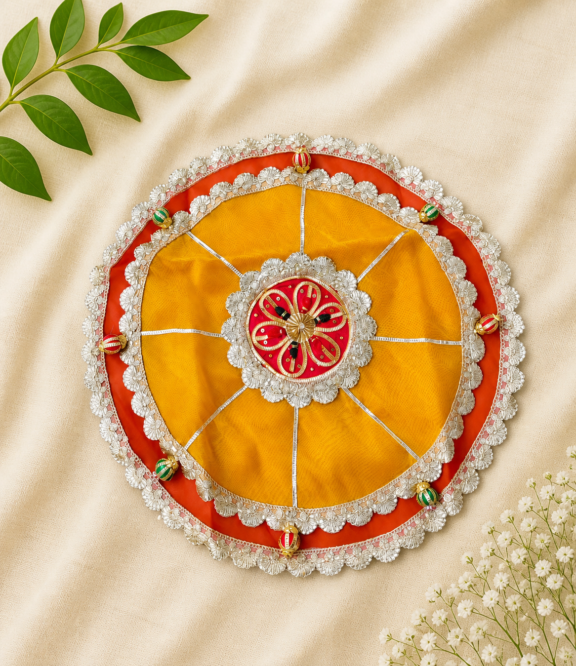 1 Handcrafted Yellow-Orange Circular Pooja Thaal Cover with Silver Scalloped Floral Lace Border & Gold Centre Medallion - Image 1