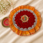 Handcrafted Red-Orange Peacock Embroidery Pooja Thaal Cover with Silver Mirror Work Border & Pleated Frill