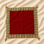 Handcrafted Floral Medallion Border Pooja Aasan with Gold Circle Design & Beaded Tassels – Red & Yellow