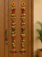 Handcrafted Traditional Gold-Colourful Door Side Toran with Pleated Fan Tiers & Colourful Ball Accents