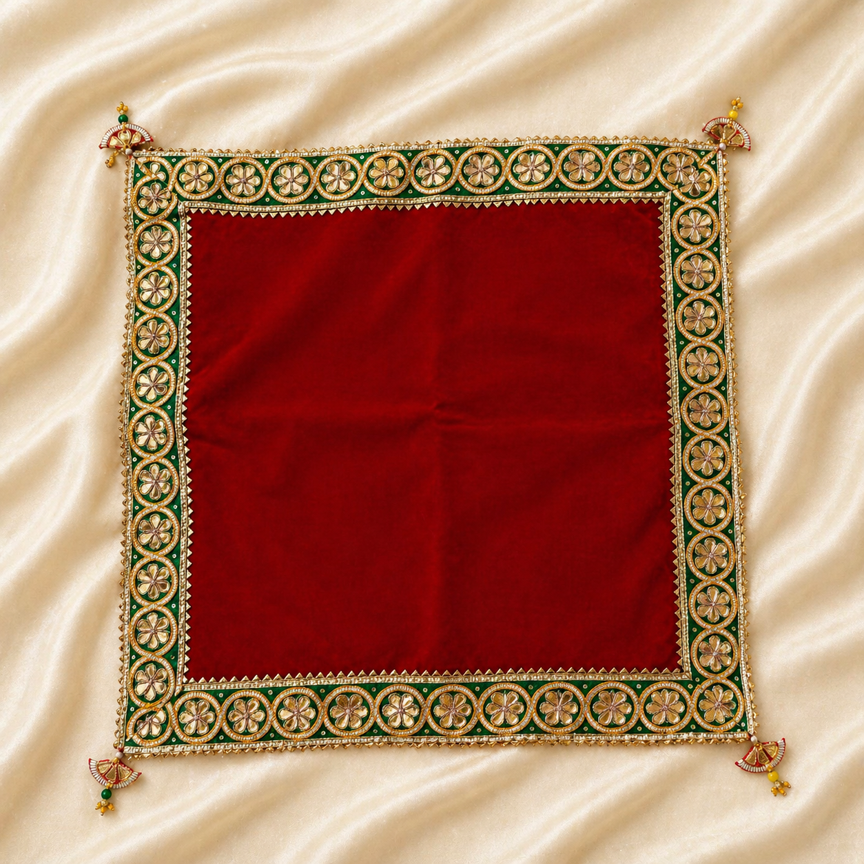 1 Handcrafted Floral Medallion Border Pooja Aasan with Gold Circle Design & Beaded Tassels – Red & Yellow - Image 1