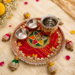 Handcrafted Red Bandhani Puja Thali with Multi-Colour Centre Medallion, Silver Beaded Border & Bell Tassels