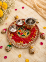 Handcrafted Red Bandhani Puja Thali with Multi-Colour Centre Medallion, Silver Beaded Border & Bell Tassels