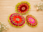 Handcrafted Multi-Colour Flower Frill Puja Thali Set of 3 – Red, Orange & Pink with Gold Frill & Bell Ornaments - Image 2