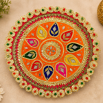 Handcrafted Multi-Colour Concentric Puja Thali with Gold Rosette Border & Fan Tassel Frill – Green-Pink-Yellow