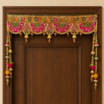 Handcrafted Traditional Embroidered Toran with Gold Gotapatti Work, Scalloped Arches & Bell Tassels – Pink Multi-Colour