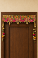 Handcrafted Traditional Embroidered Toran with Gold Gotapatti Work, Scalloped Arches & Bell Tassels – Pink Multi-Colour