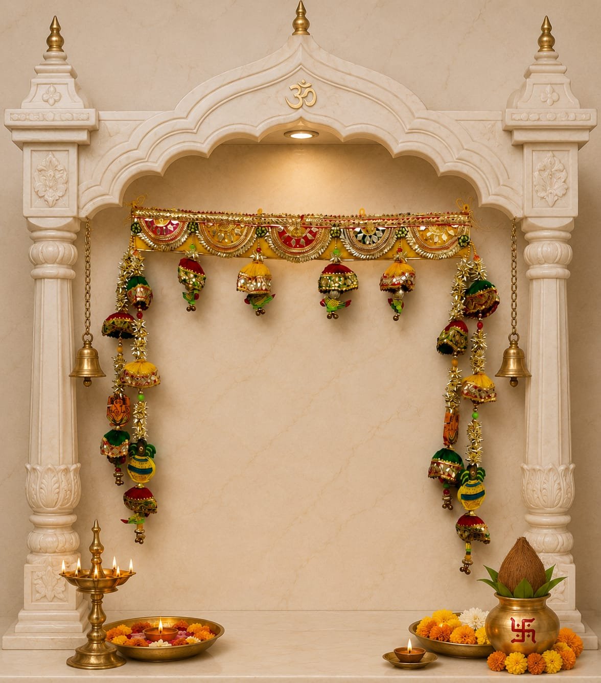 1 Handcrafted Traditional Mandir Temple Toran with Mirror Work Panels, Ghungroos & Ganesha Side Latkans - Image 1