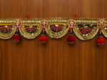 Handcrafted Traditional Green-Gold Embroidered Toran with Scalloped Arches, Ghungroos & Side Latkans - Image 2