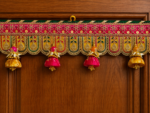 Handcrafted Traditional Pink-Gold Embroidered Toran with Fabric Bell Tassels & Scalloped U-Arch Panels - Image 2