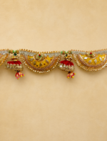 Handcrafted Traditional Gold Mirror Work Toran with Chandni Arches & Red Silk Jhumka Bell Tassels - Image 2