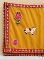 Handcrafted Traditional Mandir Backdrop with Ganesha Motif, Cow Emblems & Swastik Symbols – Yellow & Red - Image 2