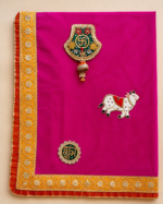 Handcrafted Traditional Mandir Backdrop with Ganesha, Cow, Swastik & Shubh-Labh Patches – Organza with Tissue Frill - Image 2