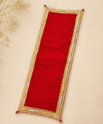 Handcrafted Traditional Red Gold-Silver Runner Pooja Aasan with Diamond Mirror Work Border & Beaded Corner Tassels - Image 2