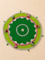 Handcrafted Red-Yellow Circular Pooja Thali Cover with Silver Star Motifs, Bell Tassels & Gold Star Medallion - Image 3