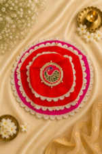 Handcrafted Peacock Embroidery Pooja Thaal Cover with Silver Scalloped Lace Border - Image 2