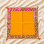 Handcrafted Floral Medallion Border Pooja Aasan with Gold Circle Design & Beaded Tassels – Red & Yellow - Image 2