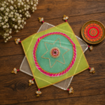 Handcrafted Star-Shaped Pooja Thali Cover with Gold Rosette Medallion & Pleated Fan Corner Tassels - Image 2