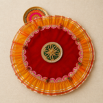 Handcrafted Red Silk Pooja Thali Cover with Gold Flower Medallion, Mirror Work Border & Yellow/Green Pleated Frills - Image 2