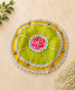 Handcrafted Yellow-Orange Circular Pooja Thaal Cover with Silver Scalloped Floral Lace Border & Gold Centre Medallion - Image 2