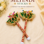 Handcrafted Traditional Mehndi Platter Set with Red & Green Chhatri Canopy Embroidery & Mehndi Sticks