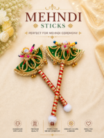 Handcrafted Traditional Mehndi Platter Set with Red & Green Chhatri Canopy Embroidery & Mehndi Sticks