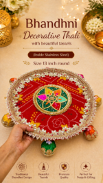 Handcrafted Red Bandhani Puja Thali with Multi-Colour Centre Medallion, Silver Beaded Border & Bell Tassels - Image 3