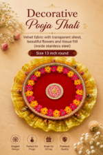 Handcrafted Multi-Colour Flower Frill Puja Thali Set of 3 – Red, Orange & Pink with Gold Frill & Bell Ornaments - Image 3