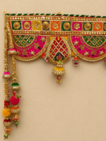 Handcrafted Traditional Embroidered Toran with Gold Gotapatti Work, Scalloped Arches & Bell Tassels – Pink Multi-Colour - Image 2