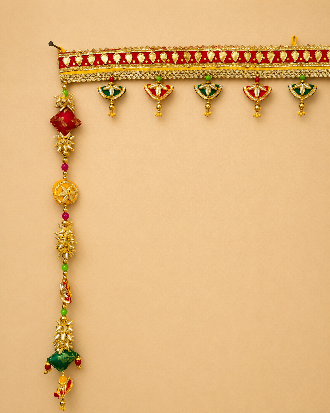 2 Handcrafted Traditional Red-Gold Toran with Gold Paisley Motif, Fabric Bell Tassels & Ornate Side Latkans - Image 1