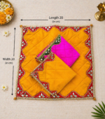 Handcrafted Yellow-Red Pooja Aasan with Mirror Work Scalloped Border & Gold Ball Corners - Image 3