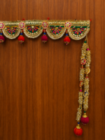Handcrafted Traditional Green-Gold Embroidered Toran with Scalloped Arches, Ghungroos & Side Latkans - Image 3