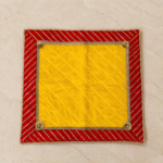Handcrafted Red-Green Pooja Aasan with Gold Rosette Corners & Quilted Silk Fabric
