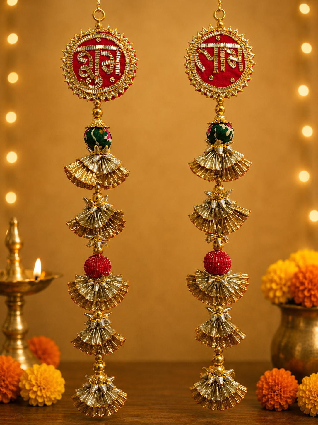 3 Handcrafted Shubh-Labh Traditional Door Side Hanging Toran with Gold Fan Tassels & Mirror Work Balls - Image 1