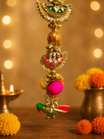 Handcrafted Traditional Gold Door Side Toran (Latkans) with Multi-Tiered Shell Elements & Colourful Ball Accents - Image 3
