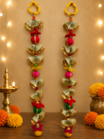 Handcrafted Traditional Gold-Colourful Door Side Toran with Pleated Fan Tiers & Colourful Ball Accents - Image 3