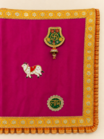 Handcrafted Traditional Mandir Backdrop with Ganesha, Cow, Swastik & Shubh-Labh Patches – Organza with Tissue Frill - Image 3