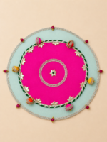 Handcrafted Red-Yellow Circular Pooja Thali Cover with Silver Star Motifs, Bell Tassels & Gold Star Medallion - Image 4