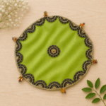 Handcrafted Orange Circular Pooja Thali Cover with Red-Silver Scalloped Lace Border & Floral Rosette Medallion - Image 4
