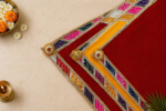 Handcrafted Red Bandhani Patchwork Pooja Aasan with Gold Rosette Corners & Multi-Colour Border - Image 3