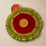 Handcrafted Red Silk Pooja Thali Cover with Gold Flower Medallion, Mirror Work Border & Yellow/Green Pleated Frills - Image 3