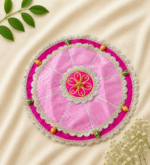 Handcrafted Yellow-Orange Circular Pooja Thaal Cover with Silver Scalloped Floral Lace Border & Gold Centre Medallion - Image 3